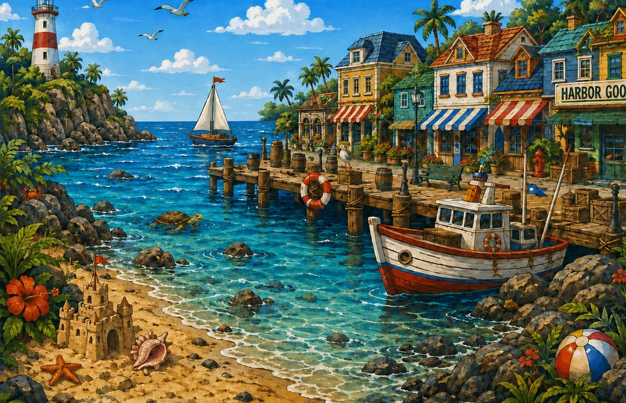 Harbor scene from the First Mate Cayson’s Lookout game