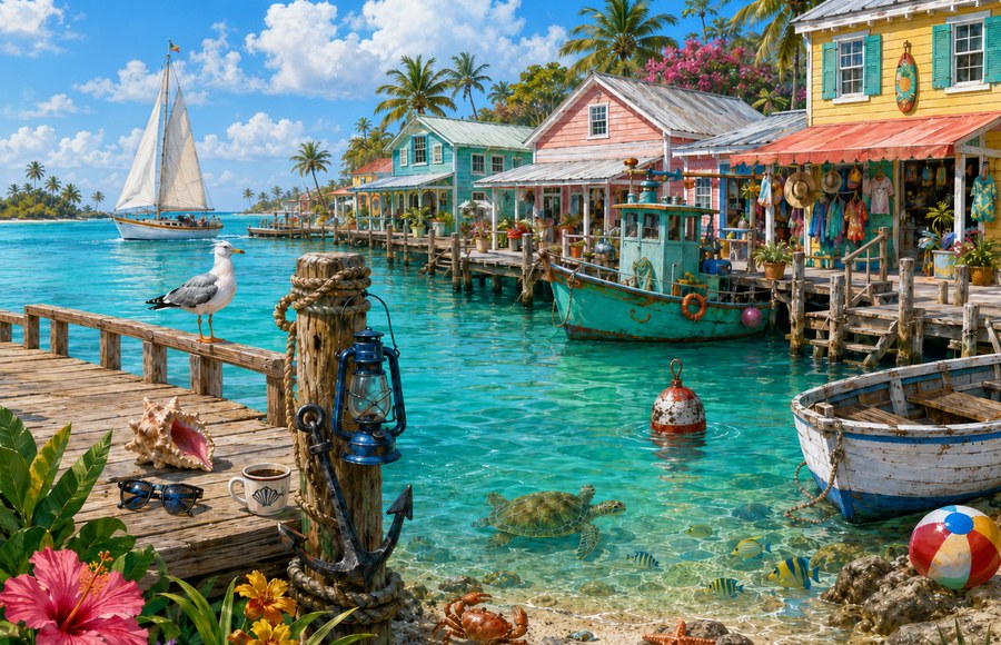 Bahamas-style harbor scene from the Super Sailor Cayson’s Lookout game