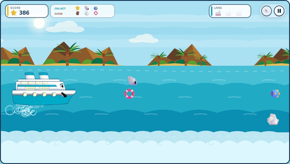 Gameplay from Cayson’s Ocean Adventure showing Cayson sailing through an ocean course with collectibles, hazards, score, lives, and controls