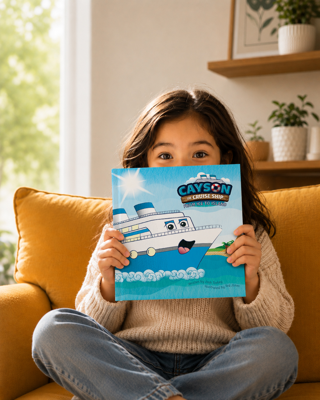 A young reader holding Cayson the Cruise Ship while peeking over the book