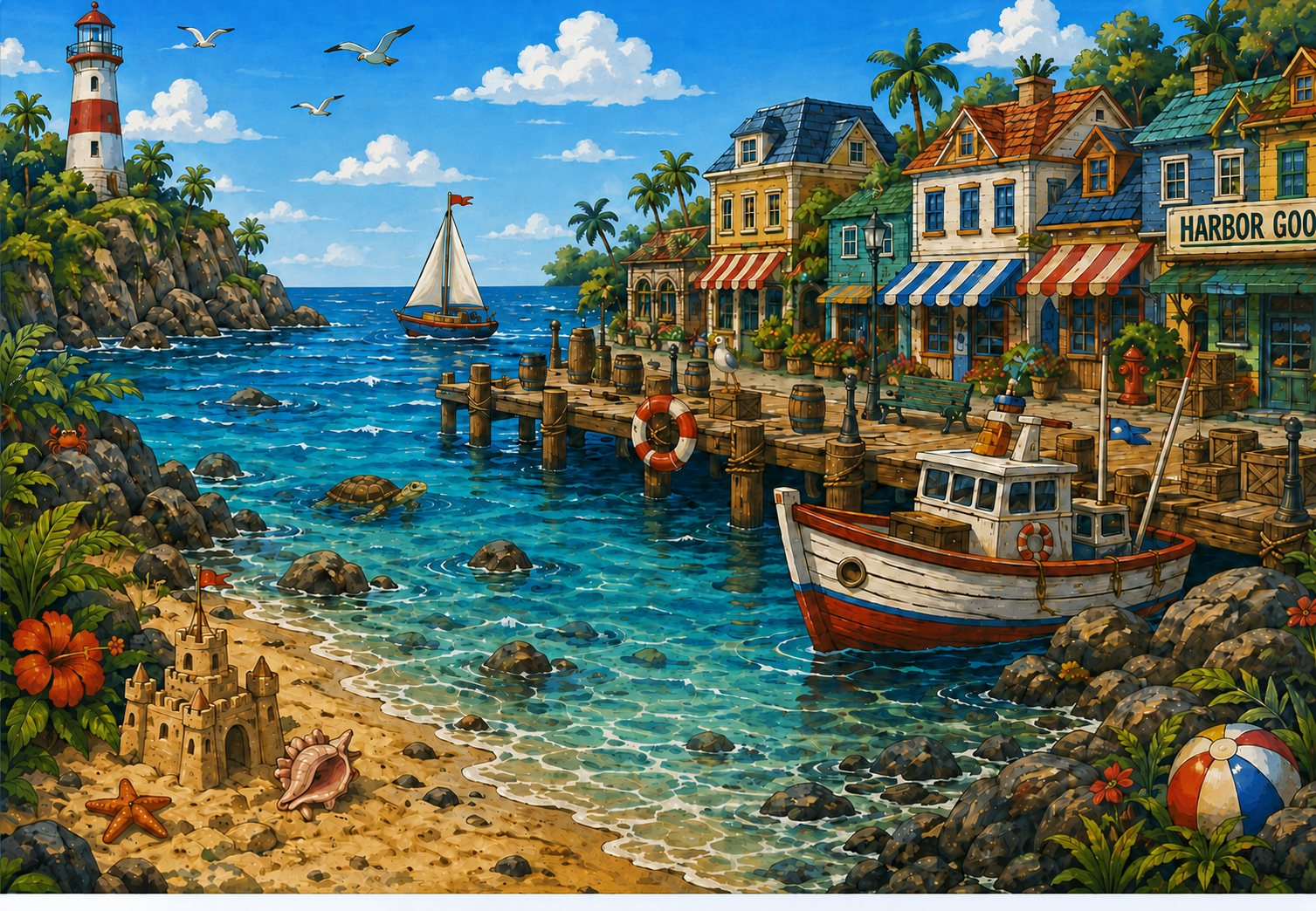 A busy tropical harbor with a lighthouse, waterfront buildings, docks, a boat, and hidden seaside objects.