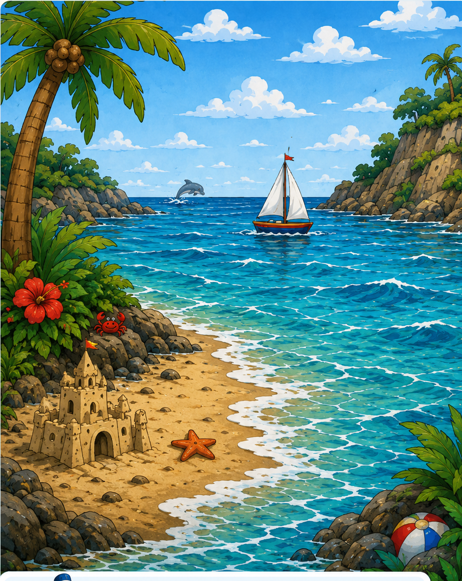 A sunny tropical cove with a sailboat, rocks, palm trees, beach, and hidden seaside objects.