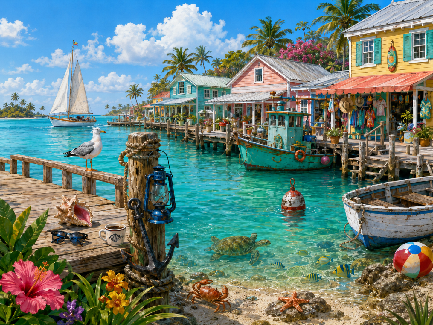 A colorful Bahamas-style harbor with pastel island buildings, turquoise water, docks, boats, tropical flowers, and hidden seaside objects.